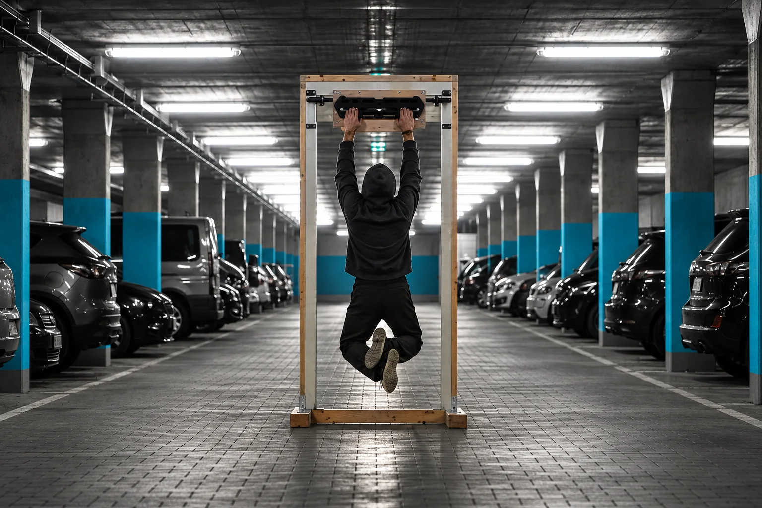 Kletterer trainiert am Smartrock Hangboard in einem mobilen Türrahmen